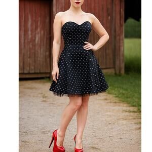 Black Satin Strapless Polka Dot Party Dress 9/10 Jessica McClintock Gunne Sax